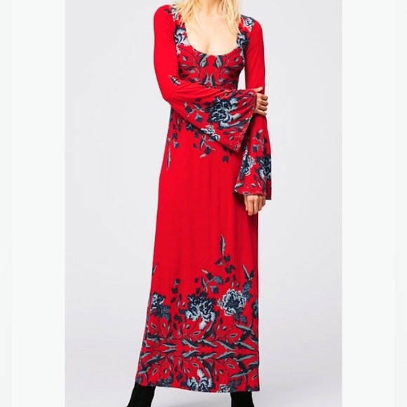 NWT FREE PEOPLE Midnight Garden Red Floral Maxi Dress - Picture 14 of 14